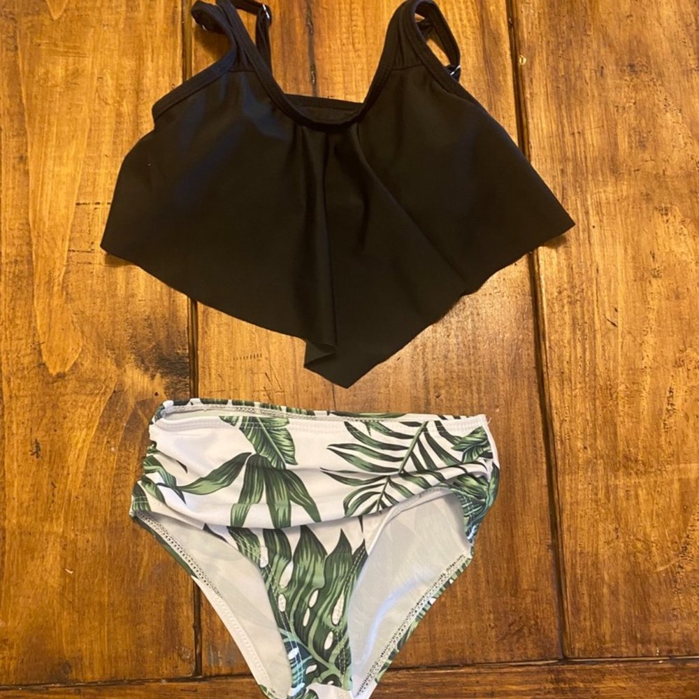 Kids Two-Piece Swim Bikini Set - Black Top & Green Leaf Print Bottom